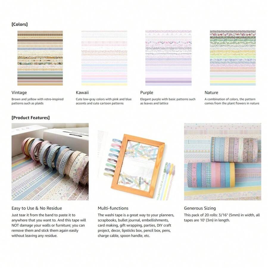 20Rolls Vintage Washi Tape Set - Washi Tape Set บทวิจารณ์และราคา
